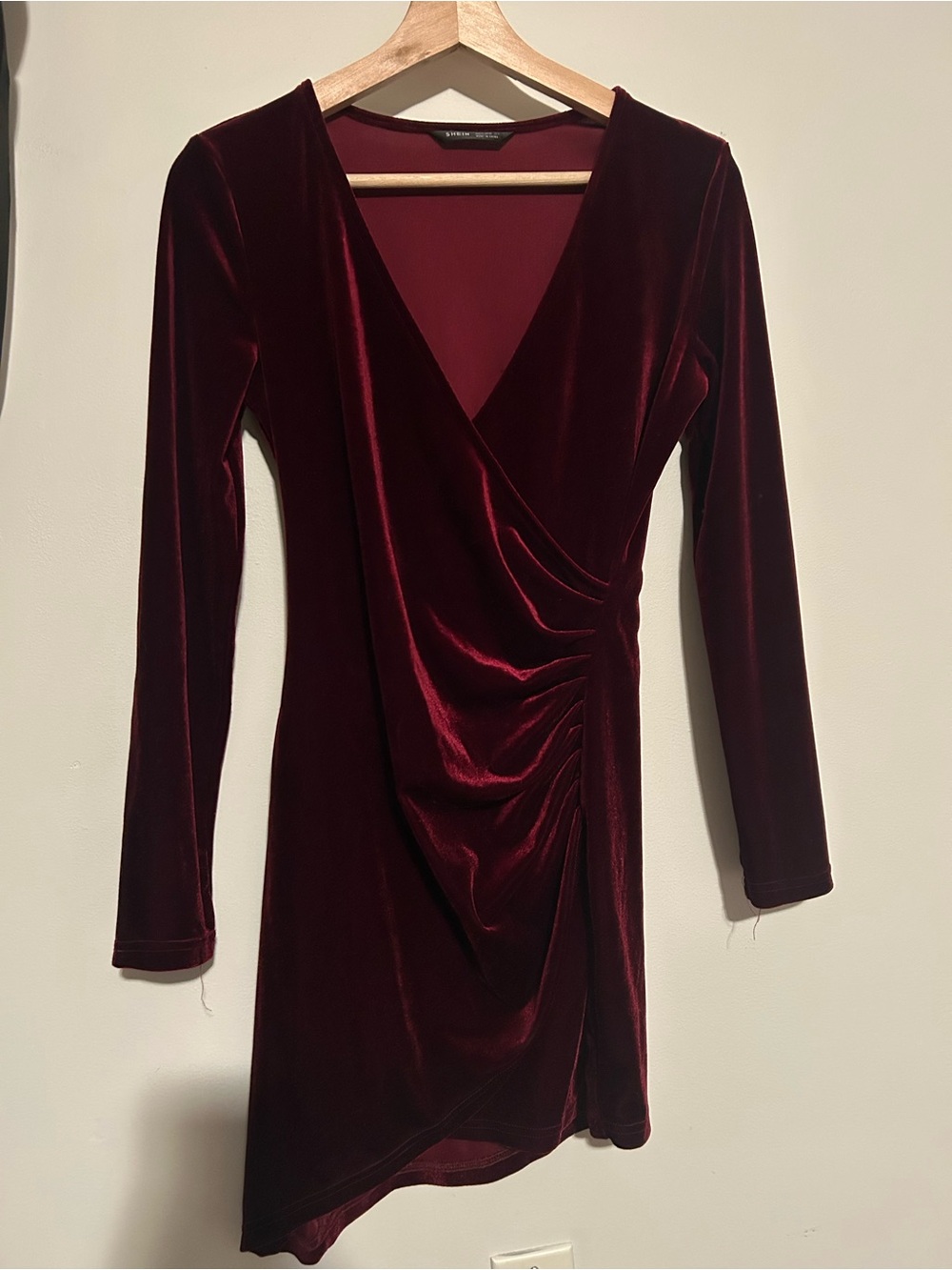 SHEIN Deep Burgundy Velvet Wrap-Style Long Sleeve Dress